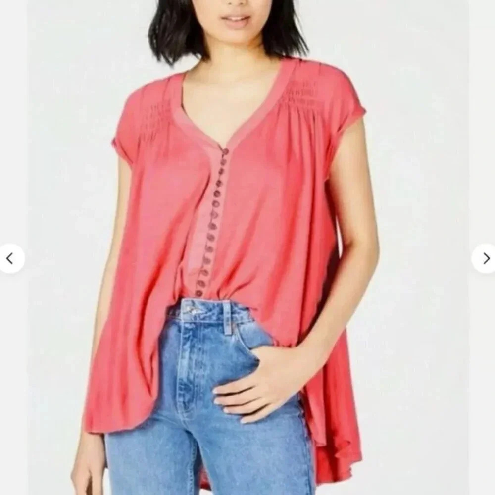 Free People Highland Button Front Tee in Pink